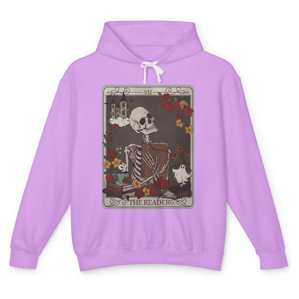 Retro Skeleton Reading Books The Reader Tarot Card Halloween Unisex Lightweight Hoodie