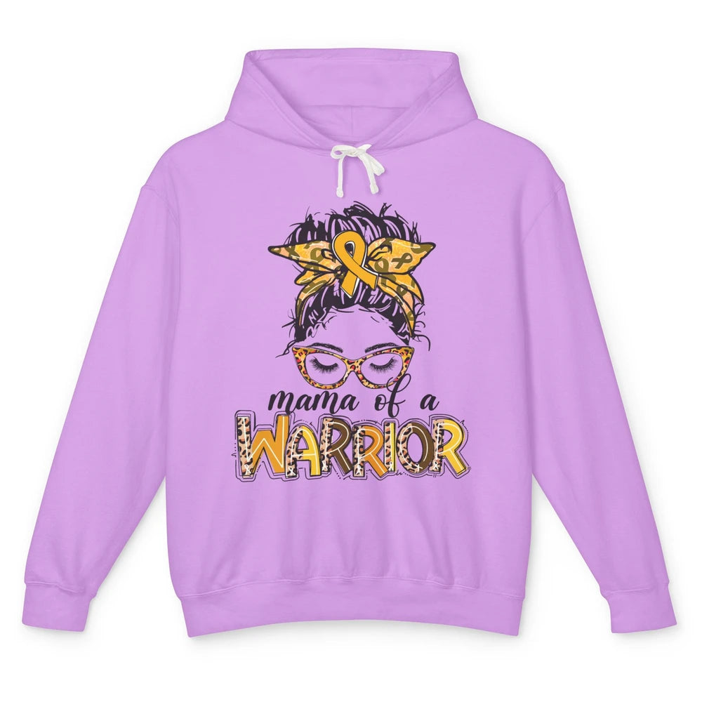 Mama Warrior Childhood Cancer Messy Hair Leopard Gold Ribbon Unisex Lightweight Hoodie