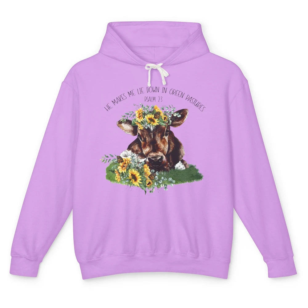 Sunflower Cow He Makes Me Lie Down In Green Pastures Bible Unisex Lightweight Hoodie