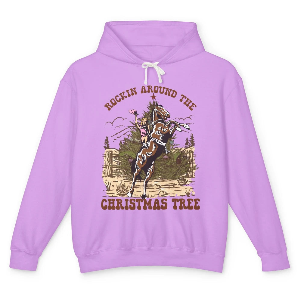 Funny Cowgirl Horsing Rocking Around Christmas Tree Western Unisex Lightweight Hoodie