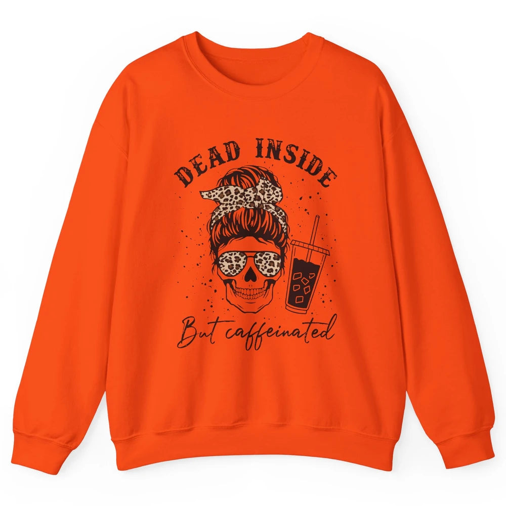 Funny Messy Bun Skull Dead Inside But Caffeinated Leopard Unisex Crewneck Sweatshirt