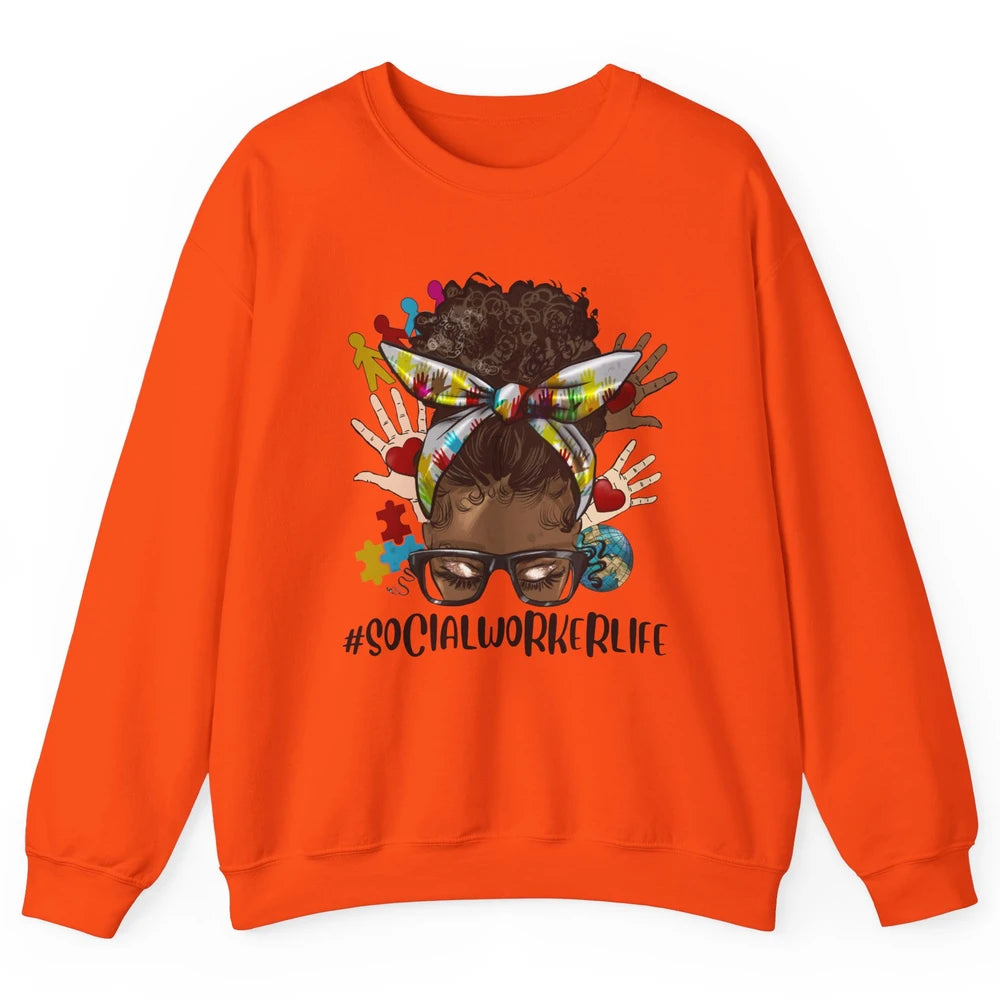 Social Worker Life Messy Bun Black Girl Glasses Be Kind Unisex Crewneck Sweatshirt