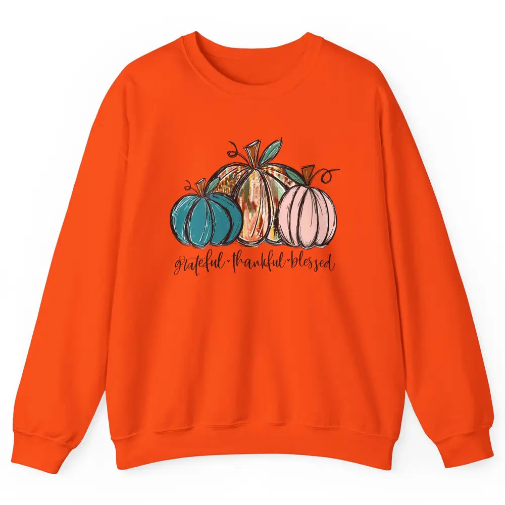 Grateful Thankful Blessed Doodle Pumpkin Fall Thanksgiving Unisex Crewneck Sweatshirt