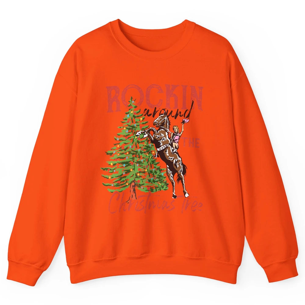 Funny Cowgirl Horsing Rocking Around Christmas Tree Western Unisex Crewneck Sweatshirt