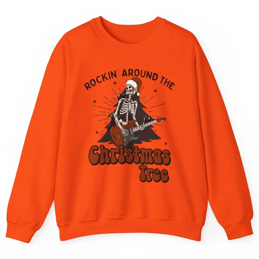 Skeleton Guitar Rocking Around Christmas Tree Western Xmas Unisex Crewneck Sweatshirt