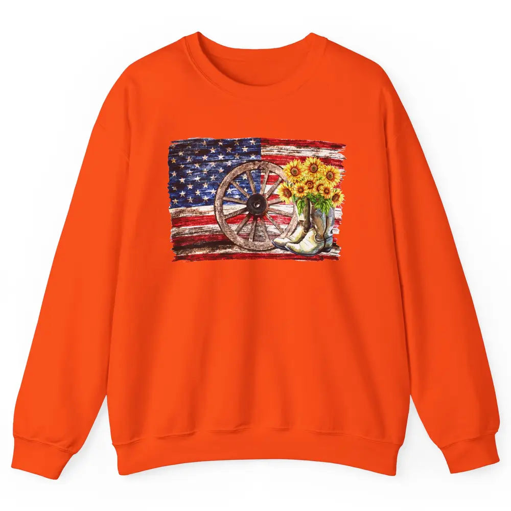 Retro US Flag Sunflower Cowgirl Boots Texas Cowboy Western Unisex Crewneck Sweatshirt