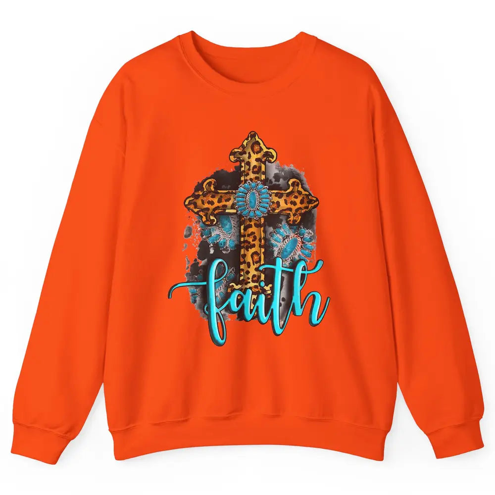 Western Gemstone Leopard Turquoise Cross Faith Jesus God Unisex Crewneck Sweatshirt