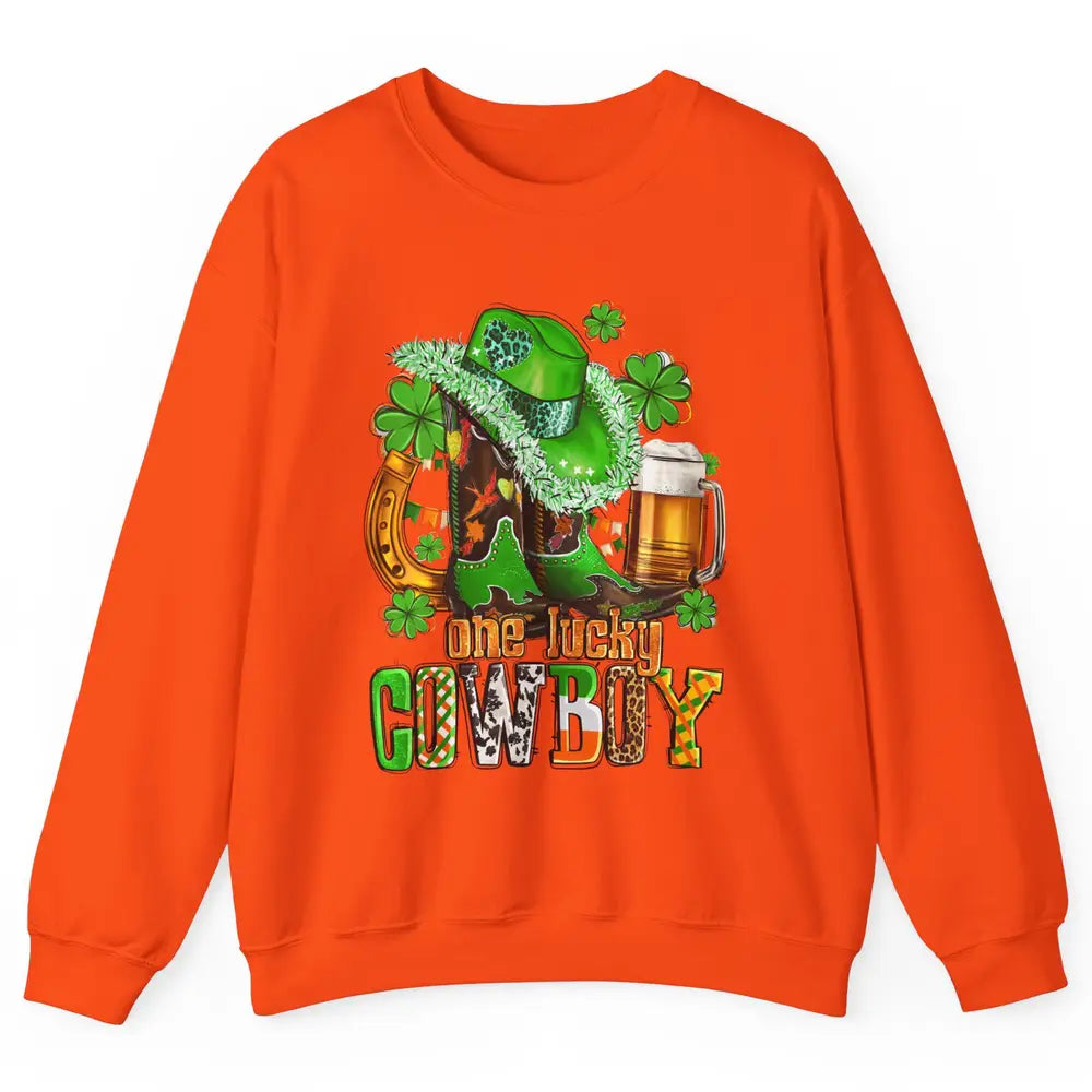 Western Lucky Cowboy Boots Clover Leopard St Patricks Day Unisex Crewneck Sweatshirt