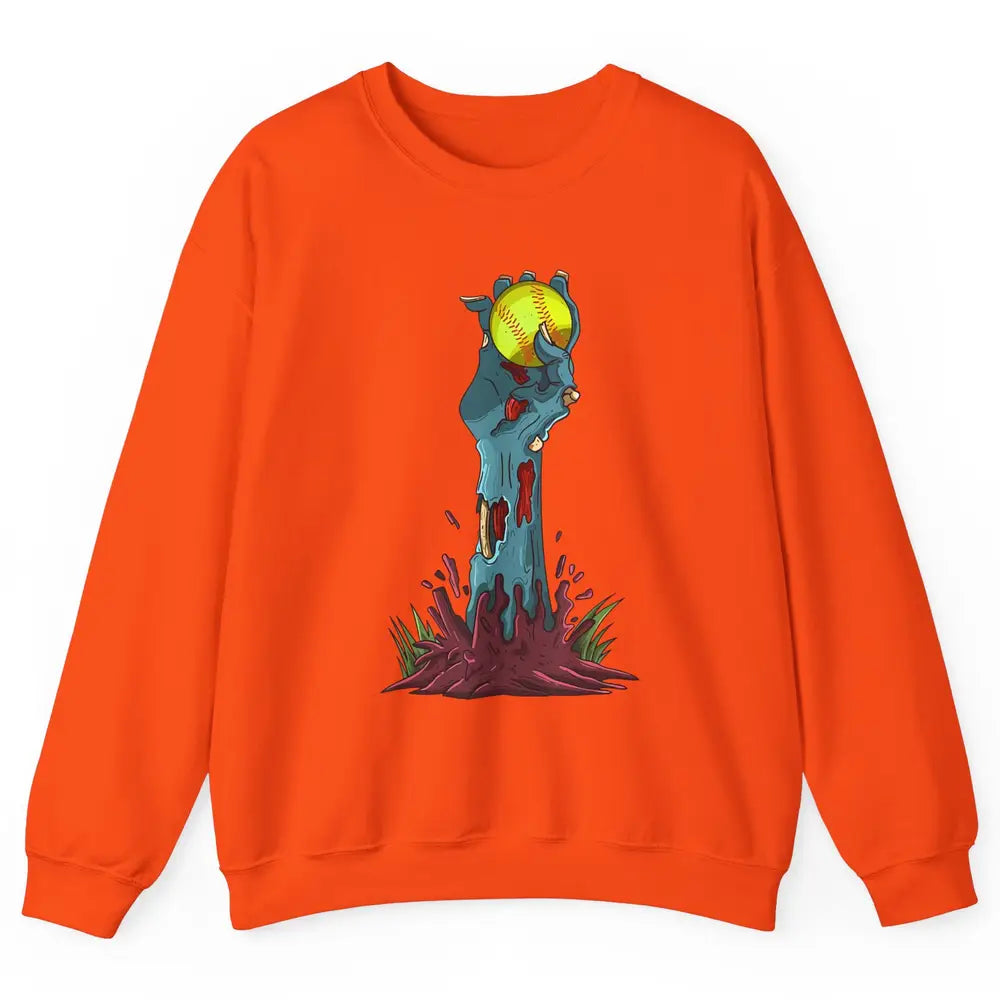 Zombie Hand Softball Funny Halloween Softball Scary Costume Unisex Crewneck Sweatshirt