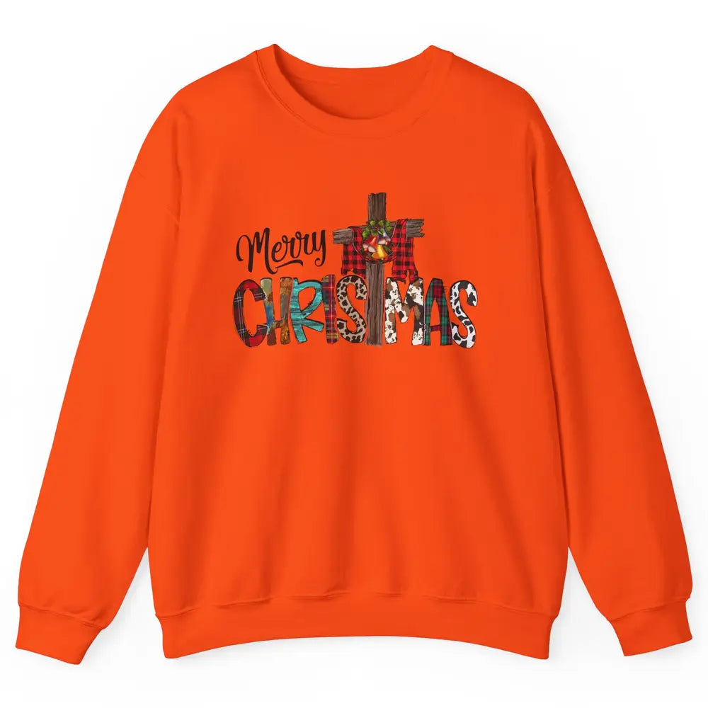 Leopard Jesus Cross Merry Christmas Christian Western Xmas Unisex Crewneck Sweatshirt