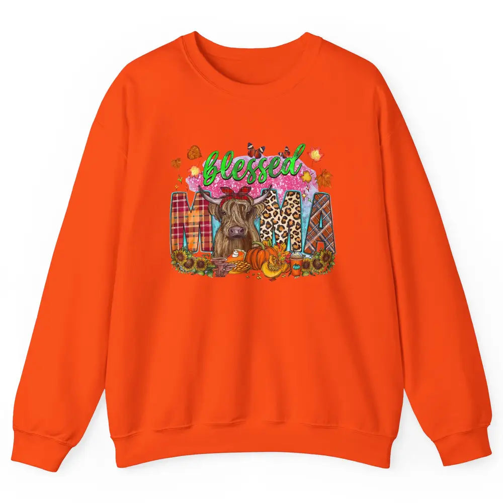 Blessed Mama Highland Cow Fall Pumpkin Western Thanksgiving Unisex Crewneck Sweatshirt