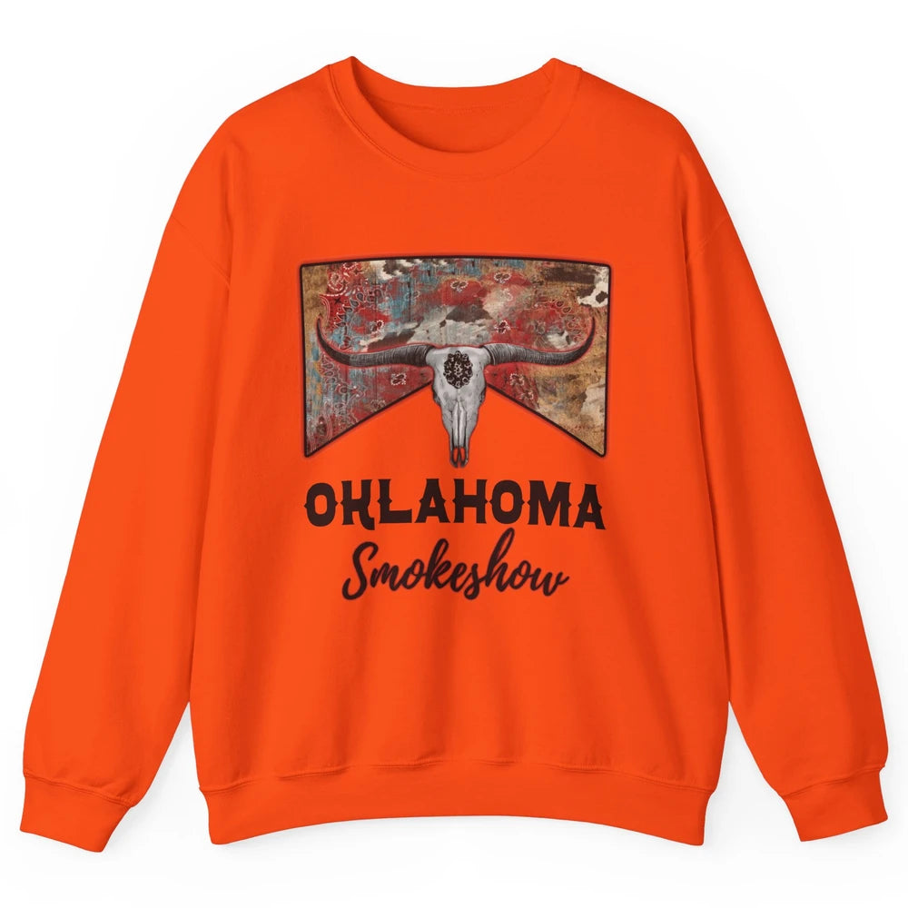 Boho Bull Skull Cow Print Oklahoma Smokeshow Western Country Unisex Crewneck Sweatshirt