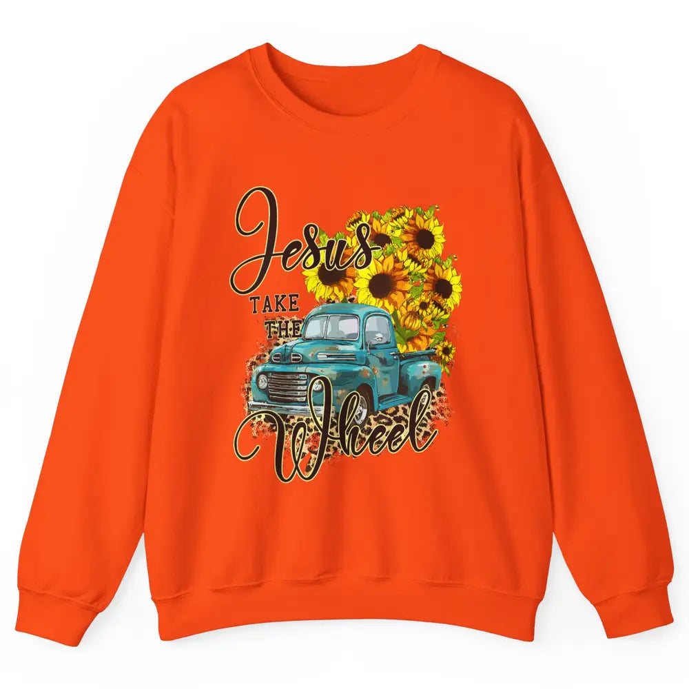 Sunflower Jesus Take The Wheel Christian Leopard God Bible Unisex Crewneck Sweatshirt