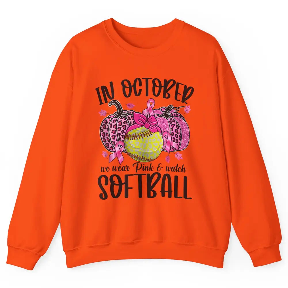 Softball Leopard Pumpkin In October Breast Cancer Awareness Unisex Crewneck Sweatshirt