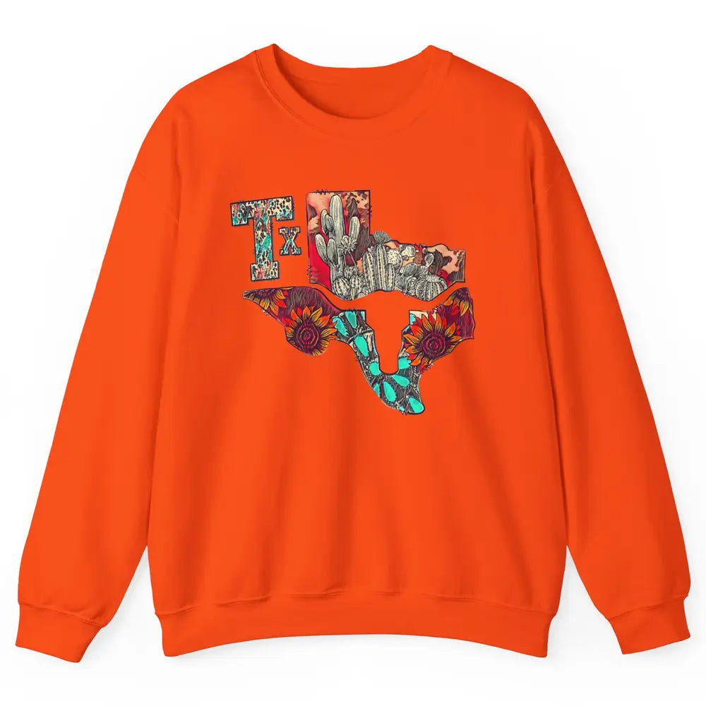 Texas Map Boho Texas State Leopard Western Desert Cactus Unisex Crewneck Sweatshirt