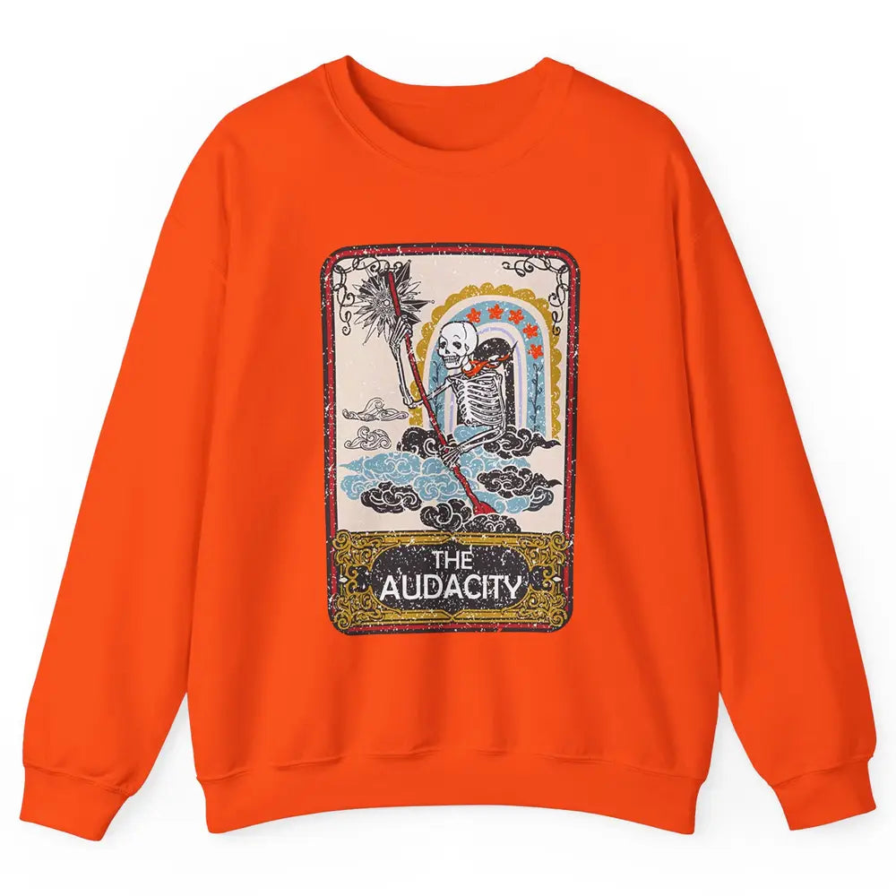 Retro Skeleton Riding Clouds Rainbow The Audacity Tarot Card Unisex Crewneck Sweatshirt