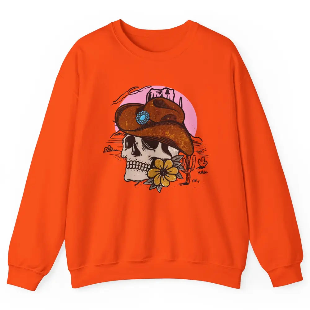 Skull Desert Cactus Cowboy Gemstone Hat Western Country Girl Unisex Crewneck Sweatshirt