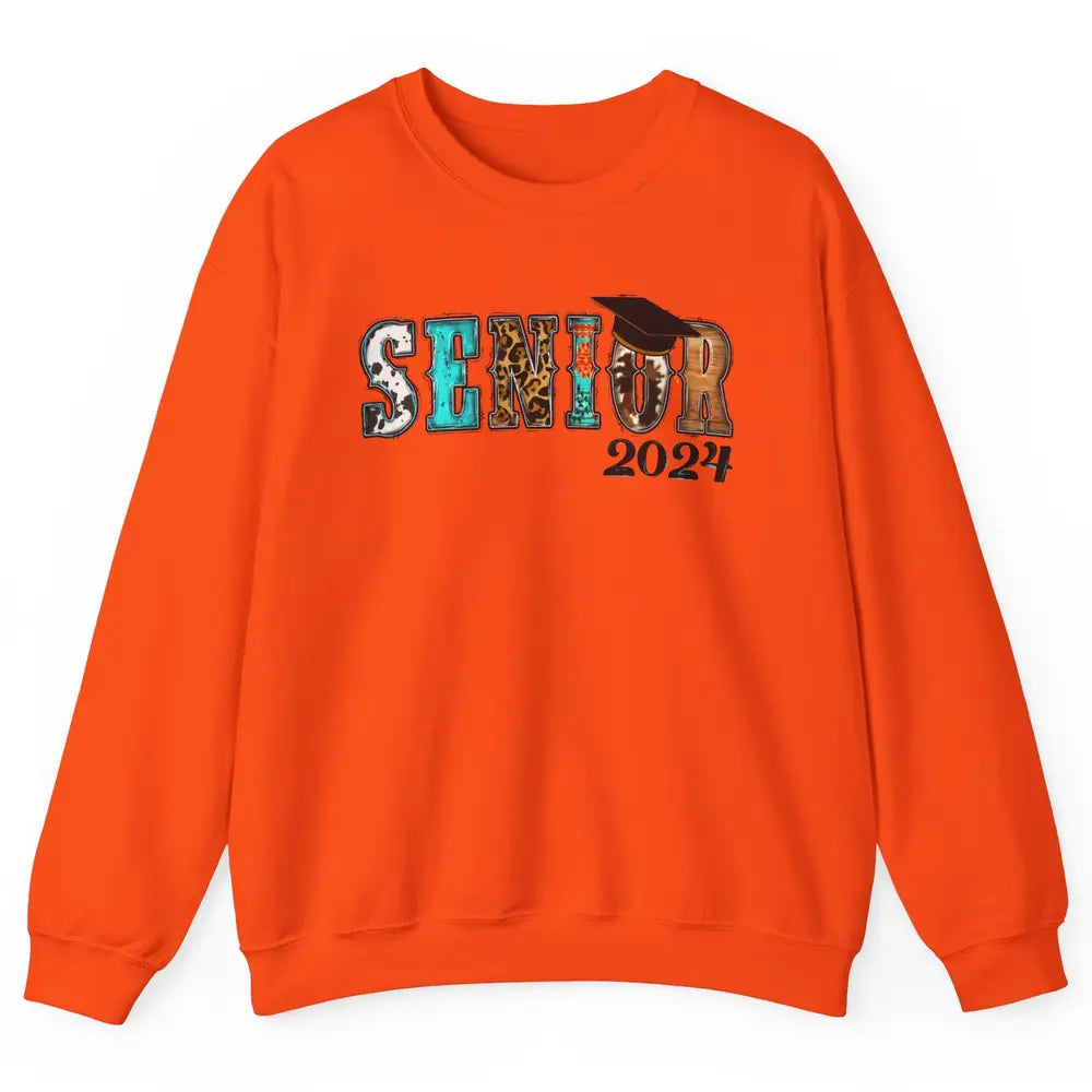 Sunflower Leopard Senior 2024 Graduate Bachelor Western Grad Unisex Crewneck Sweatshirt