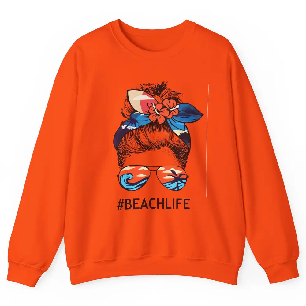 Beach Life Messy Bun Hawaiian Hair Retro Beach Palms Summer Unisex Crewneck Sweatshirt