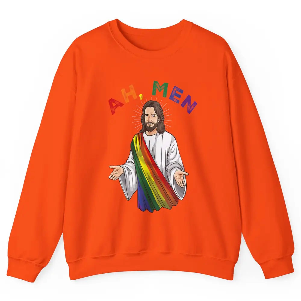 Ah Men LGBT Gay Pride Jesus Christian God Rainbow Flag Love Unisex Crewneck Sweatshirt