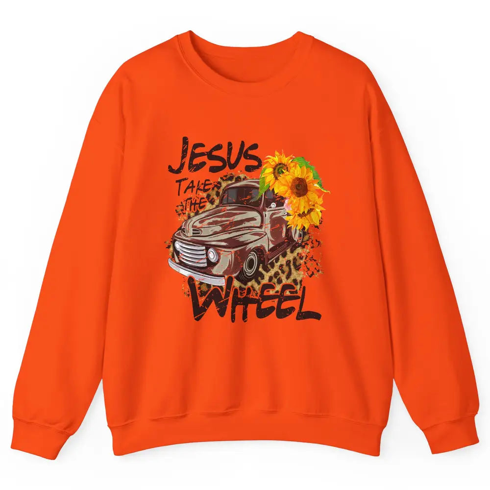 Sunflower Truck Jesus Take The Wheel Christian Gift Leopard Unisex Crewneck Sweatshirt