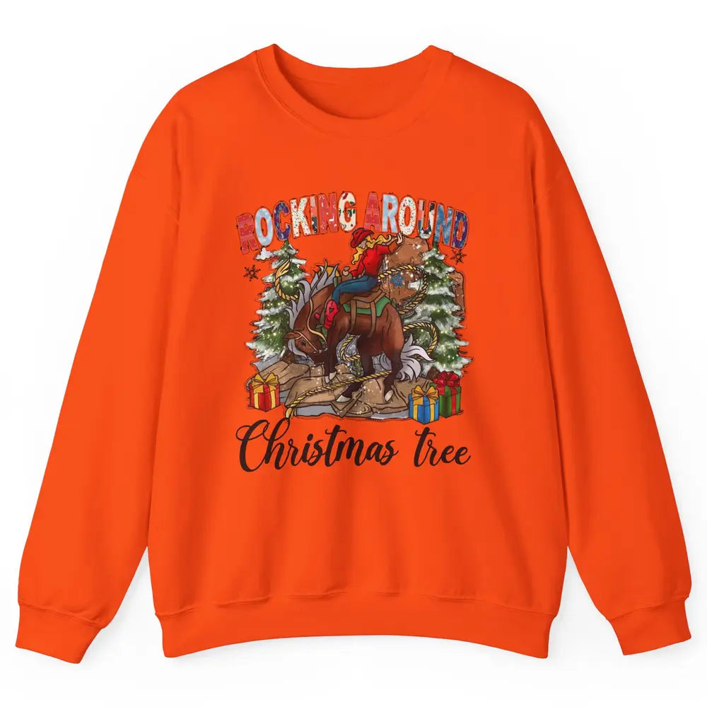 Funny Cowgirl Horsing Rocking Around Christmas Tree Western Unisex Crewneck Sweatshirt