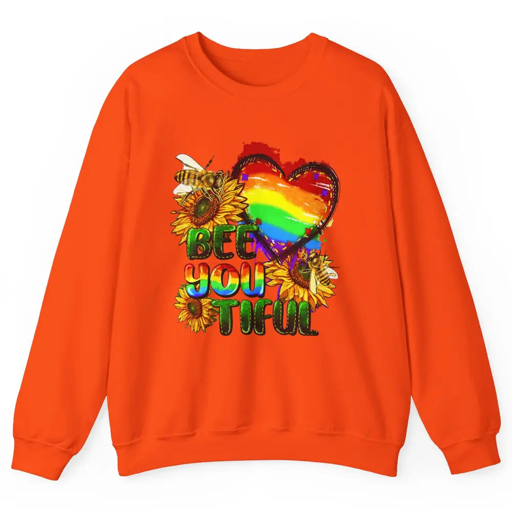 Bee You Tiful Pride Heart Rainbow Sunflower LGBT Pride Month Unisex Crewneck Sweatshirt