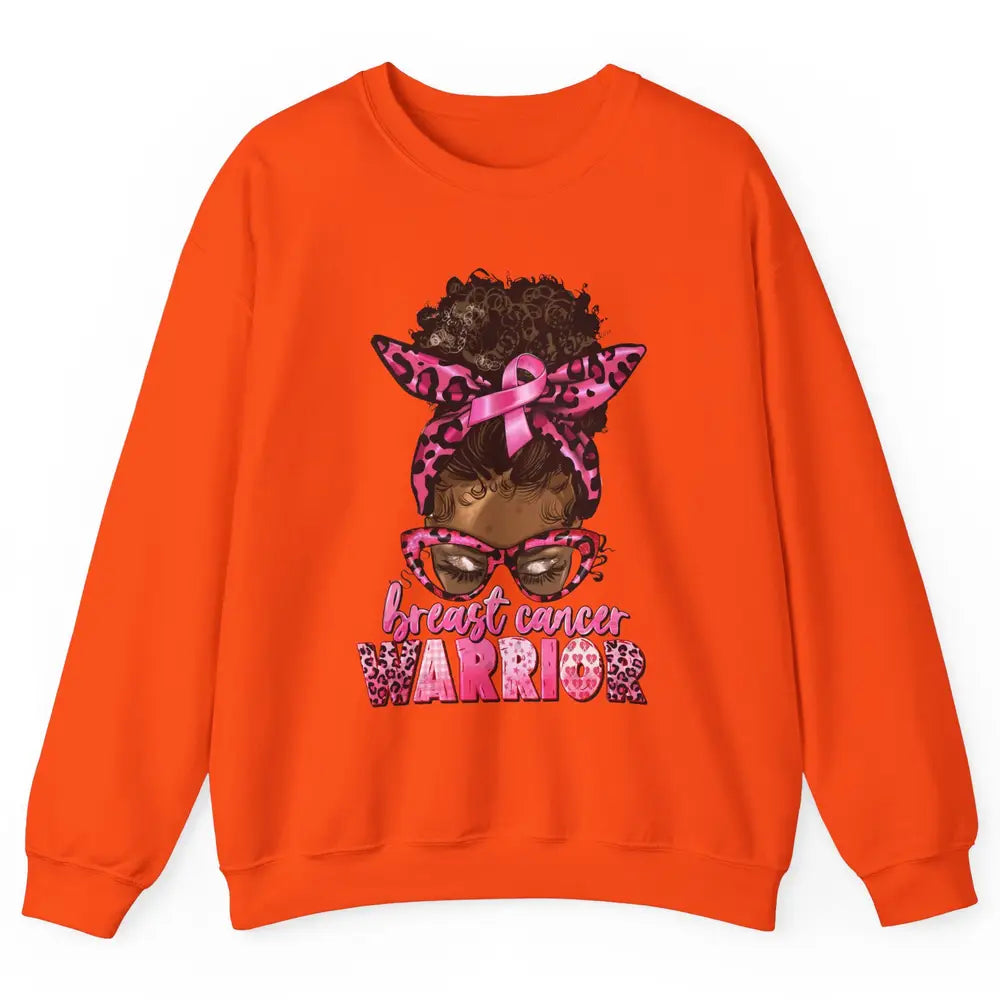 Afro Black Woman Breast Cancer Awareness Messy Bun Leopard Unisex Crewneck Sweatshirt