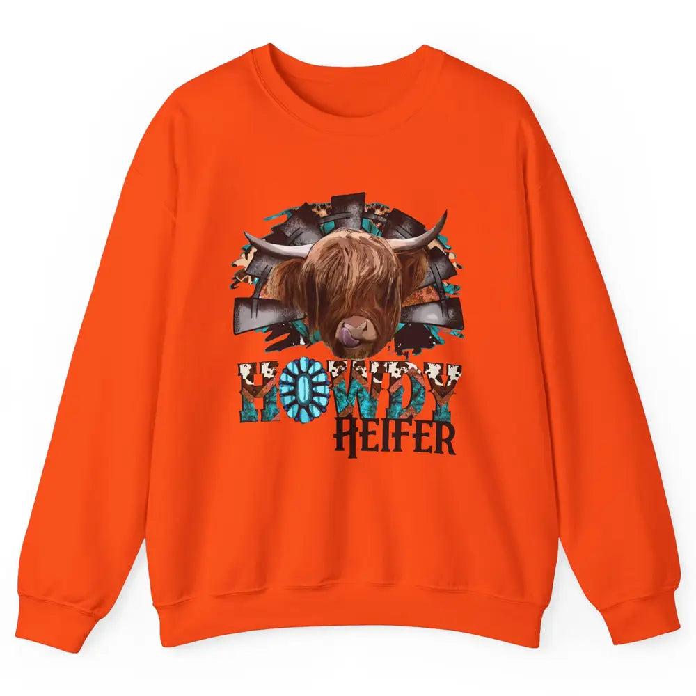 Leopard Highland Cow Howdy Heifer Western Country Cowboy Unisex Crewneck Sweatshirt