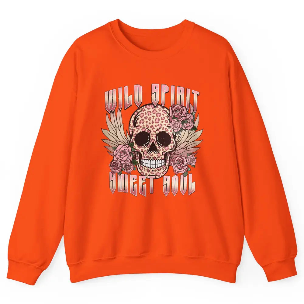 Wild Spirit Sweet Soul Skull Leopard Flowers Western Boho Unisex Crewneck Sweatshirt