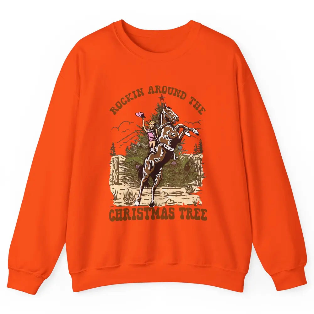 Funny Cowgirl Horsing Rocking Around Christmas Tree Western Unisex Crewneck Sweatshirt