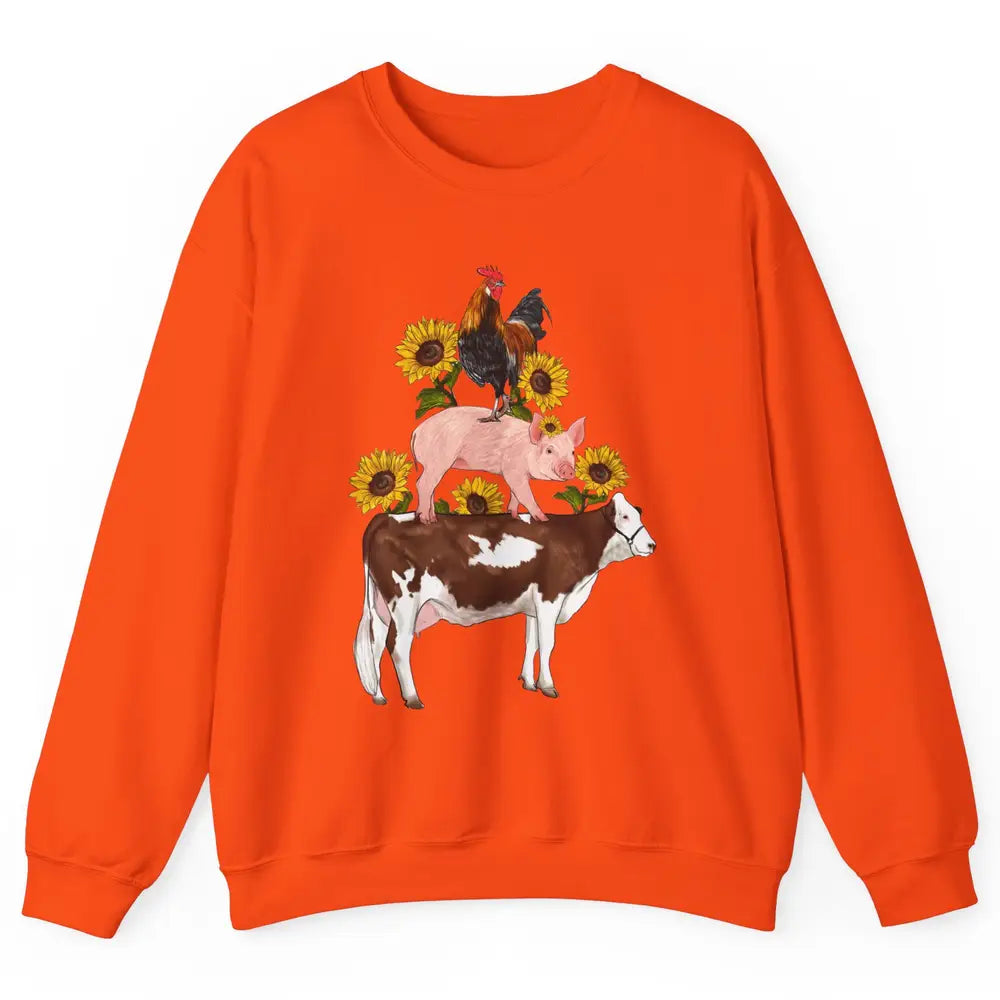 Sunflower Western Farm Life Animals Vegan Cow Pig Rooster Unisex Crewneck Sweatshirt