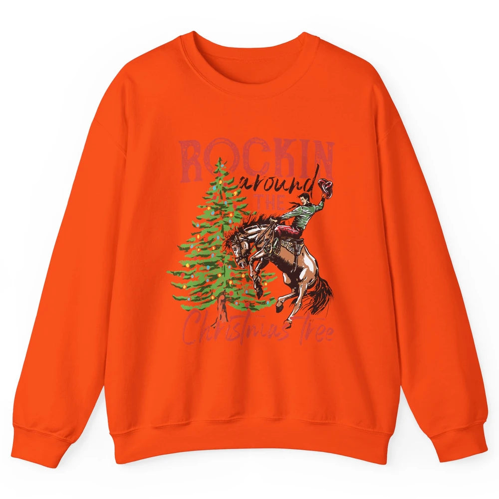 Funny Cowboy Horsing Rocking Around Christmas Tree Western Unisex Crewneck Sweatshirt