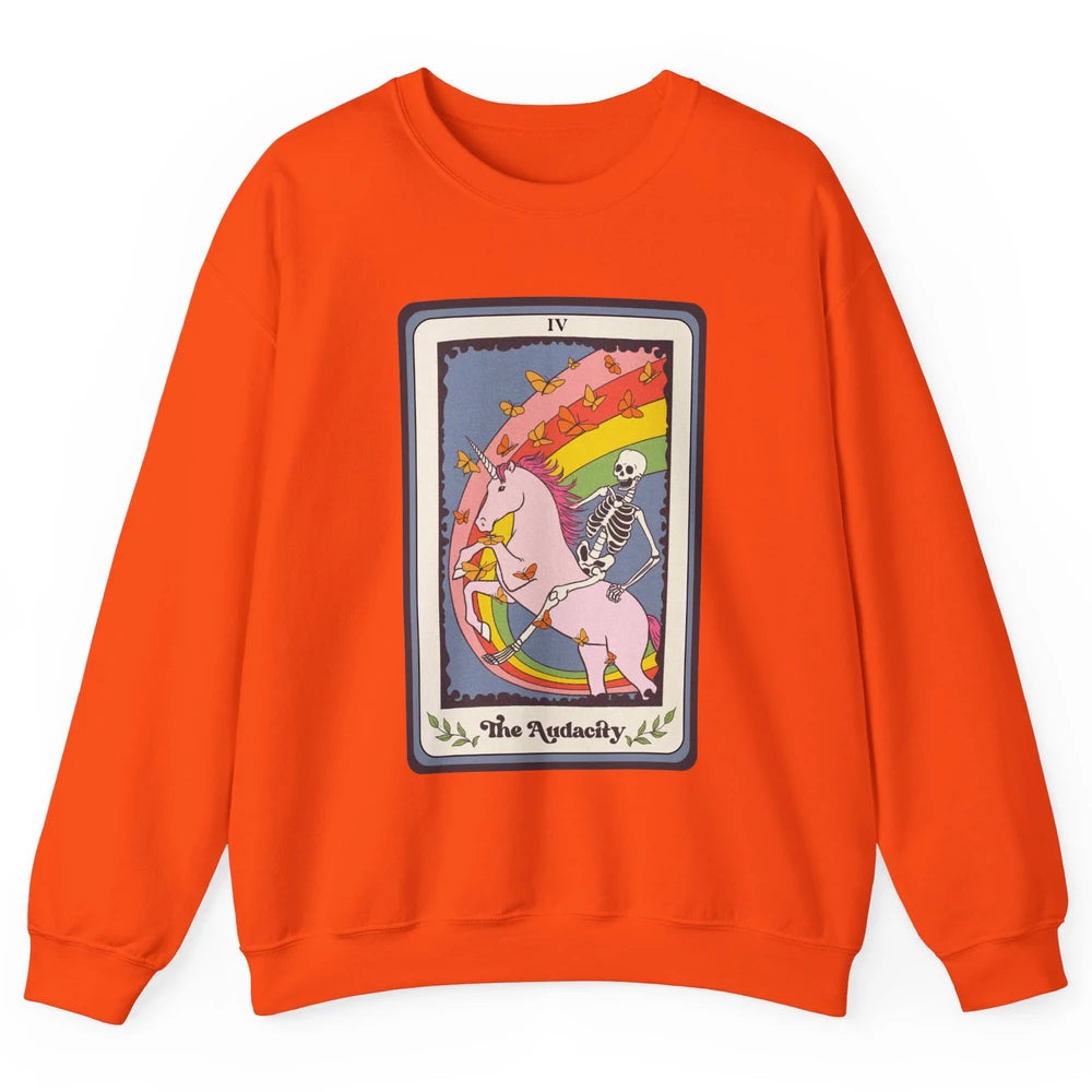 Retro Skeleton Rides Unicorn The Audacity Tarot Card Rainbow Unisex Crewneck Sweatshirt