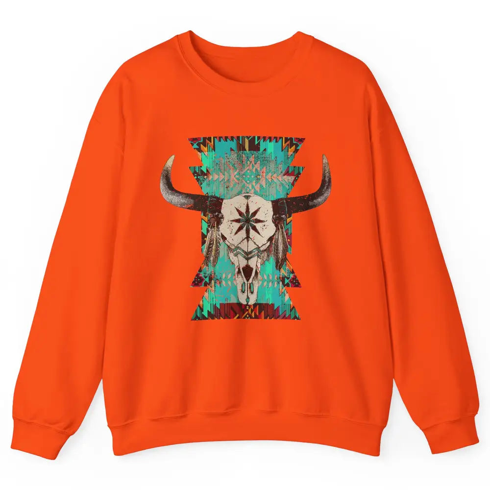 Boho Bull Skull Turquoise Aztec Western Country Rodeo Cowboy Unisex Crewneck Sweatshirt