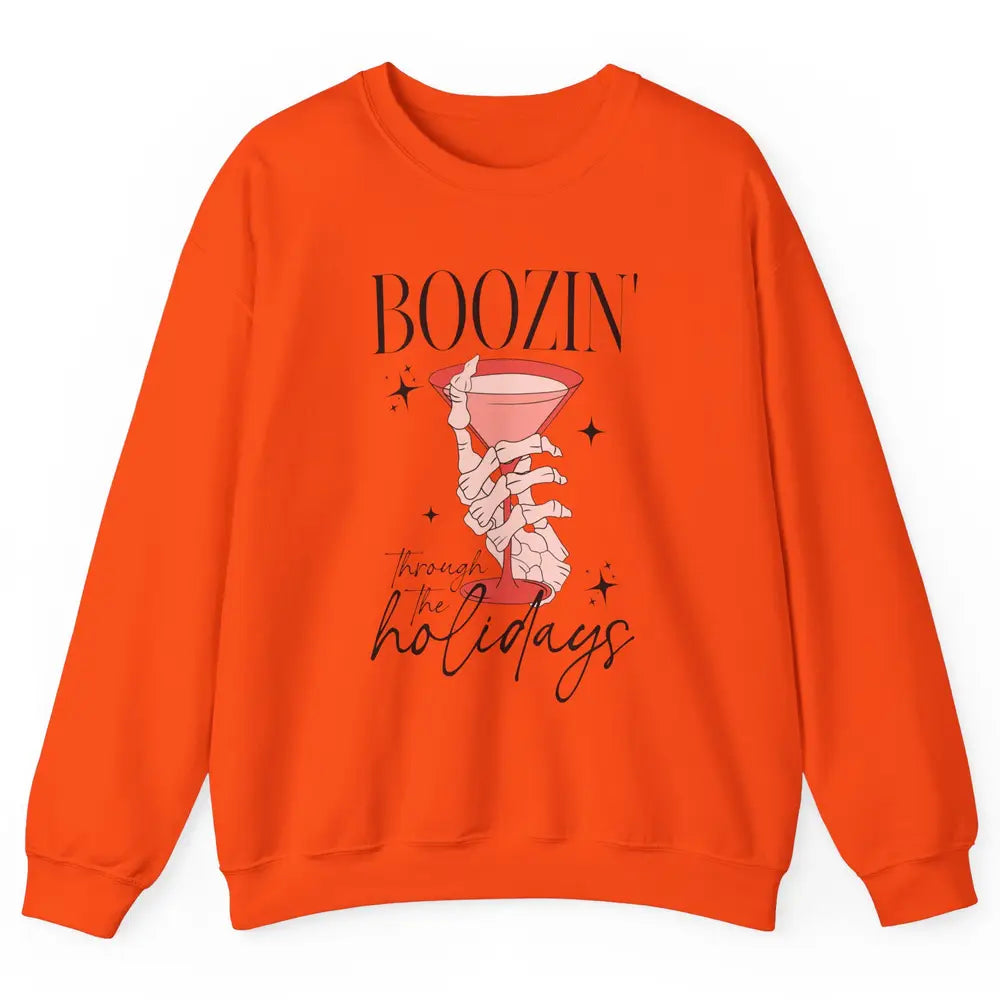 Boozin’ Through The Holidays Christmas Drinking Wine Glass Unisex Crewneck Sweatshirt