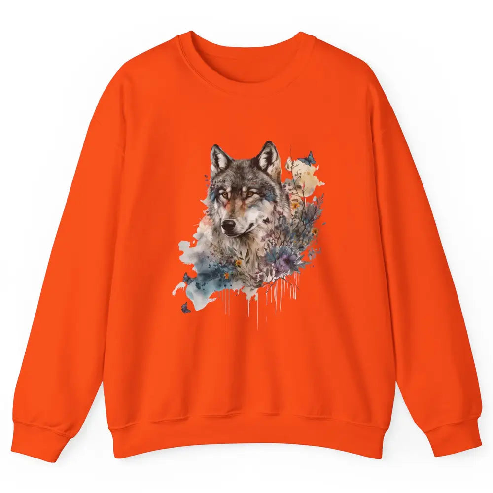 Watercolor Wolf Face Howl Butterfly Wolves Wild Animal Retro Unisex Crewneck Sweatshirt