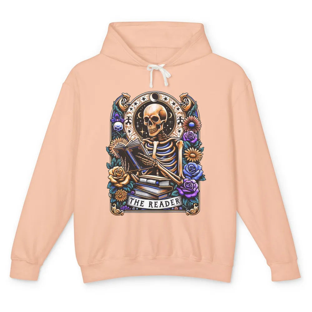 The Reader Tarot Card Halloween Reading Book Skeleton Floral Skull Bookish Bookworm Unisex Lightweight Hoodie