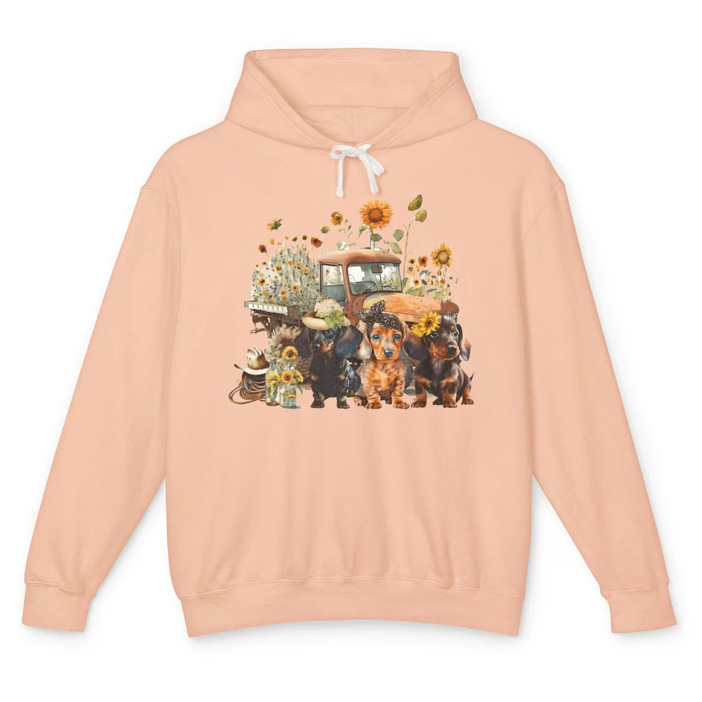 Vintage Truck And Sunflower Dachshund Mom Dachshund Lovers Unisex Lightweight Hoodie