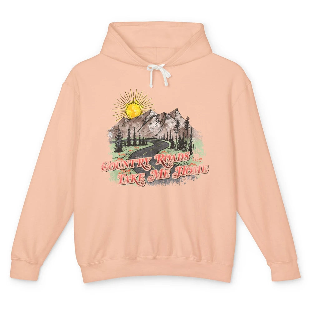 Retro Mountain Sunset Country Roads Take Me Home Western Unisex Lightweight Hoodie