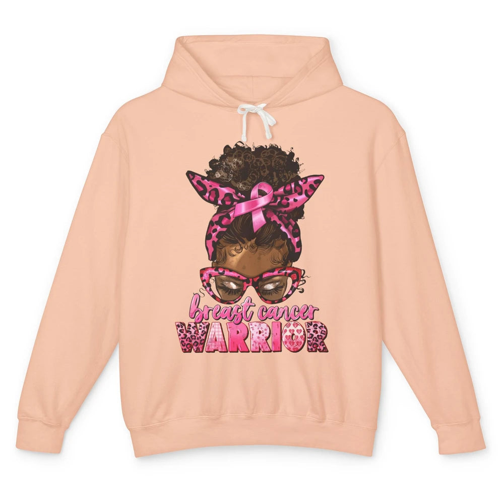 Afro Black Woman Breast Cancer Awareness Messy Bun Leopard Unisex Lightweight Hoodie