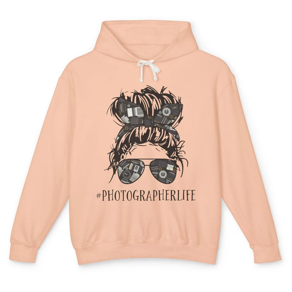 Messy Bun Hair Glasses Photographer Life Camera Photography Unisex Lightweight Hoodie