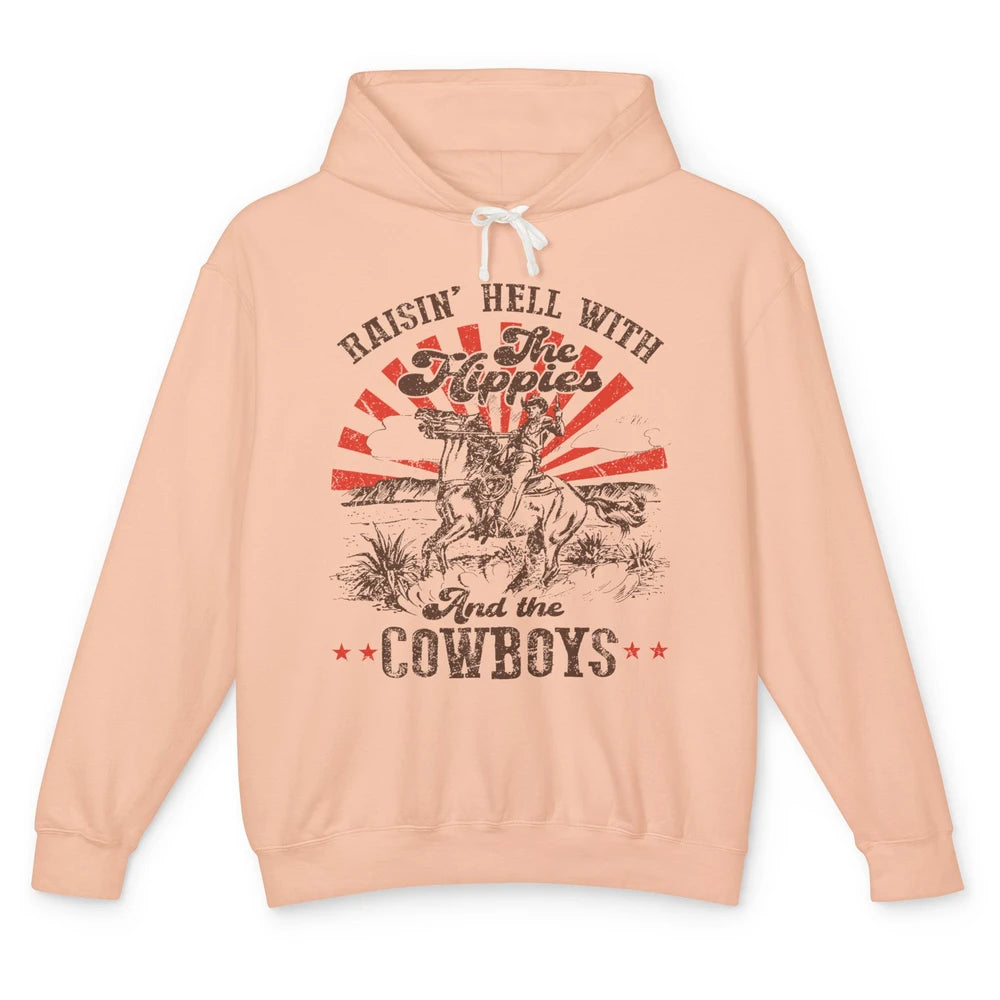 Retro Cowboy Raising Hell With Hippies And Cowboy Western Unisex Lightweight Hoodie