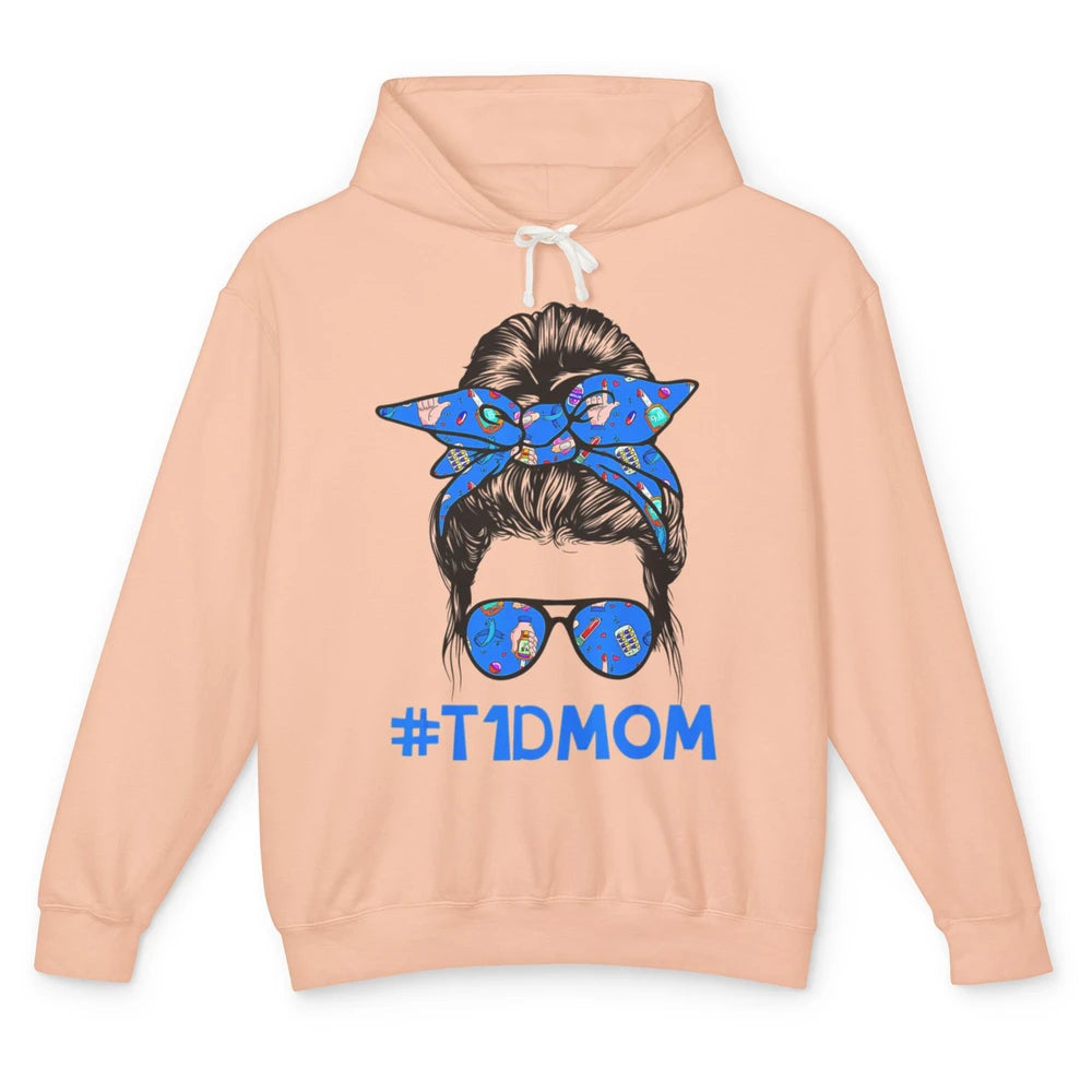 T1D Proud Mom Leopard Messy Bun Warrior Diabetes Awareness Unisex Lightweight Hoodie