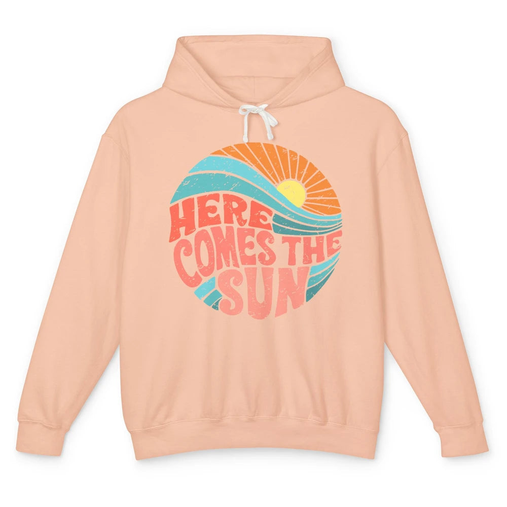 Retro Rainbow Sunrise Here Comes The Sun Hippie Girl Unisex Lightweight Hoodie