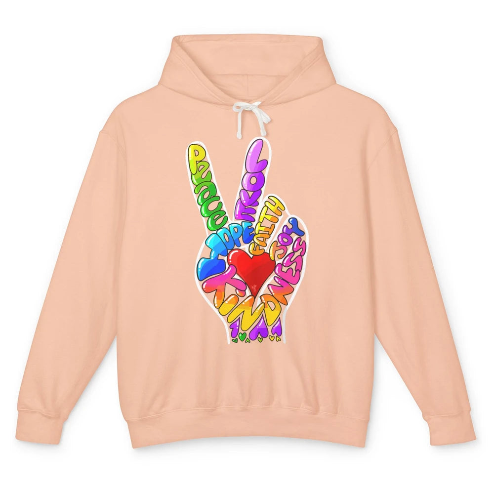 Peace Love Hope Joy Faith Kindness Word Christian Religious Unisex Lightweight Hoodie