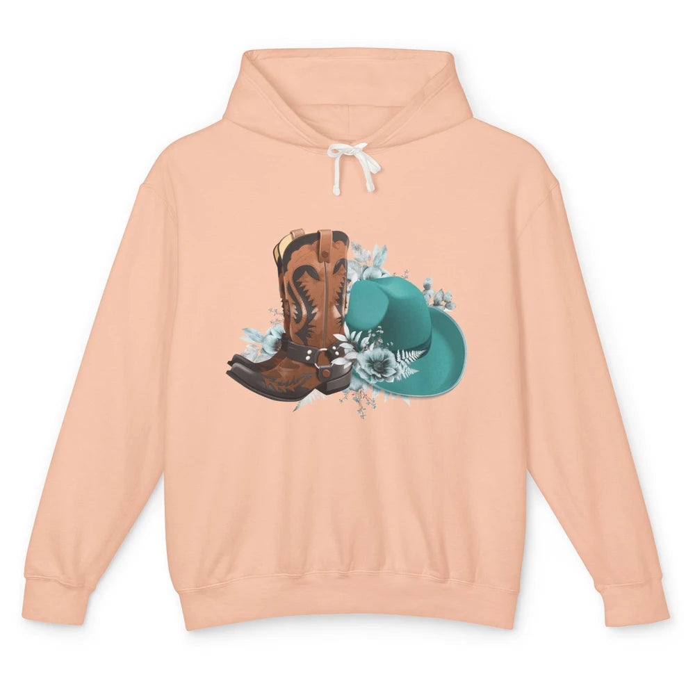 Retro Cowgirl Floral Turquoise Cowboy Boots Rodeo Western Unisex Lightweight Hoodie