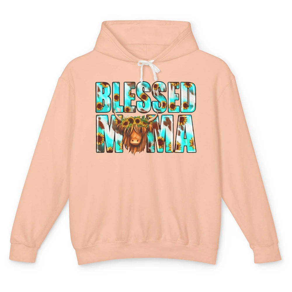 Retro Sunflower Highland Cow Blessed Mama Western Cow Mama Unisex Lightweight Hoodie