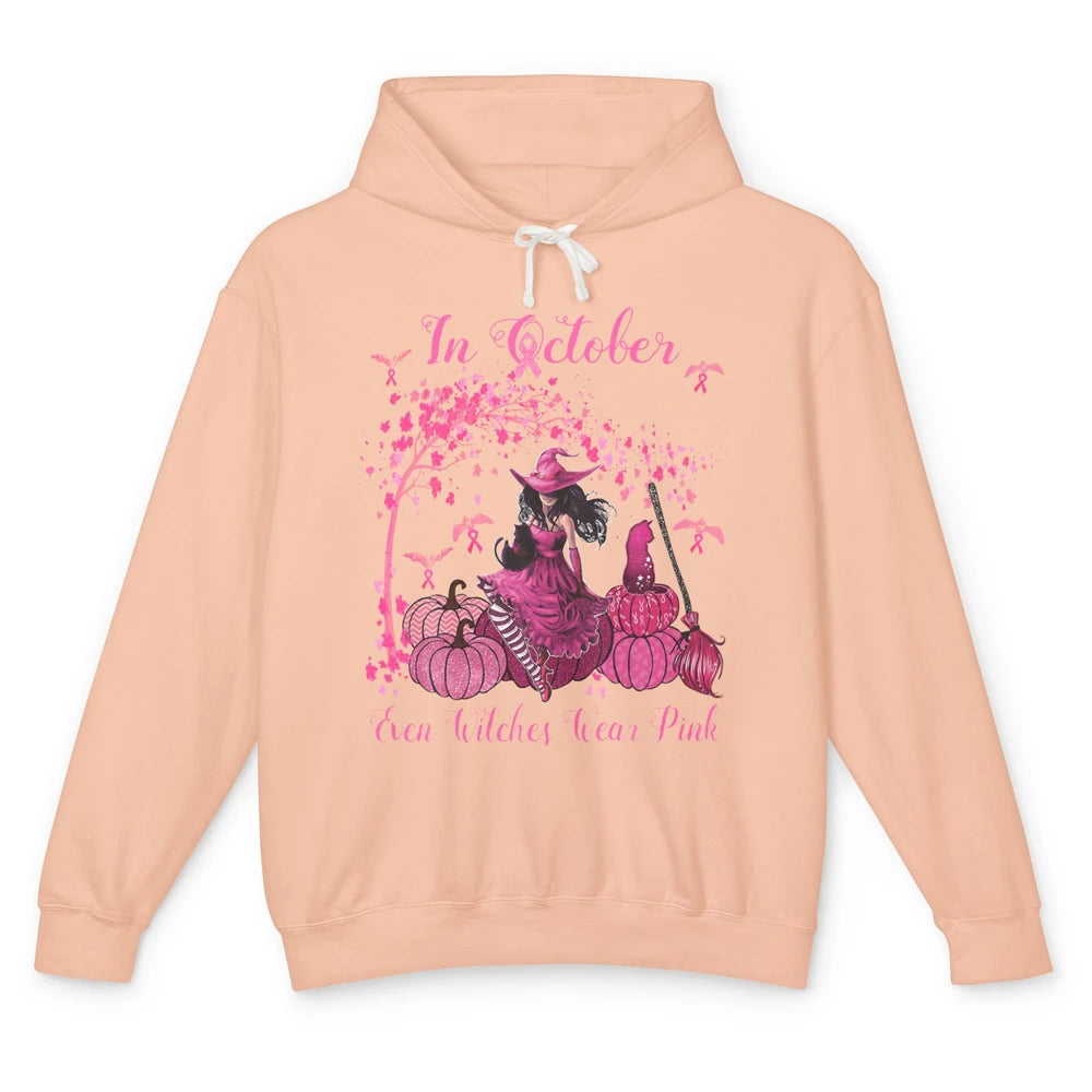 Breast Cancer In October Even Witches Wear Pink Ribbon Fall Unisex Lightweight Hoodie