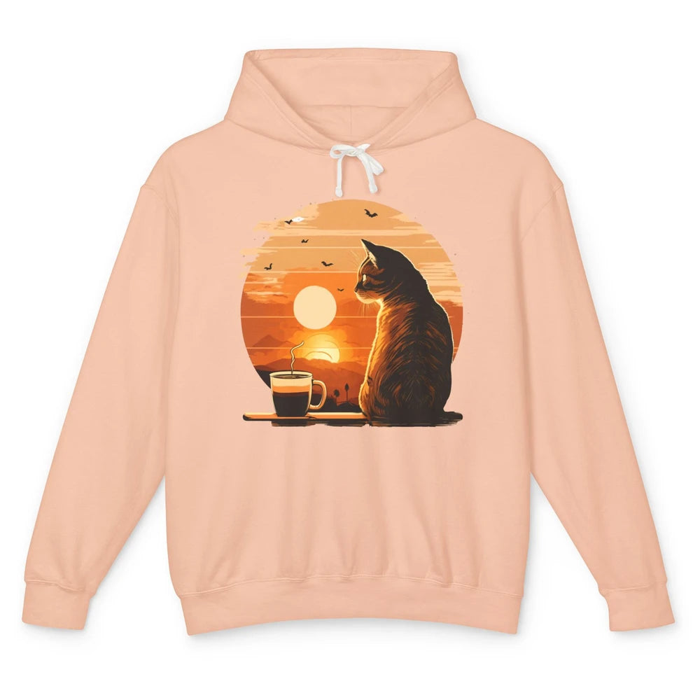 Coffee Cat And Vintage Sunset Love Drinking Coffee At Sunset Unisex Lightweight Hoodie